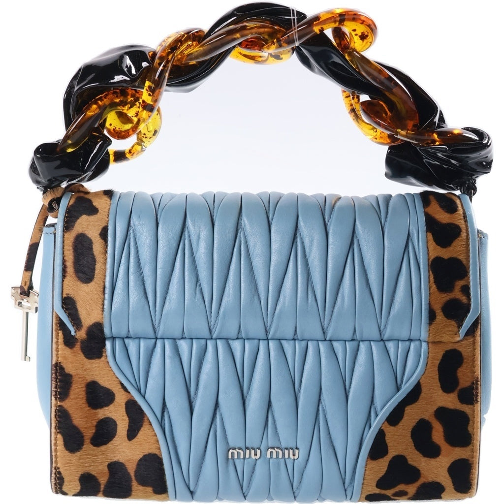 miumiu(ミュウミュウ) マテラッセ レオパード 2WAYハンドバッグ チェーンバッグ ショルダーバッグ ライトブルー×ブラウン レザー×ハラコ 5BD003 シルバー金具 レディース