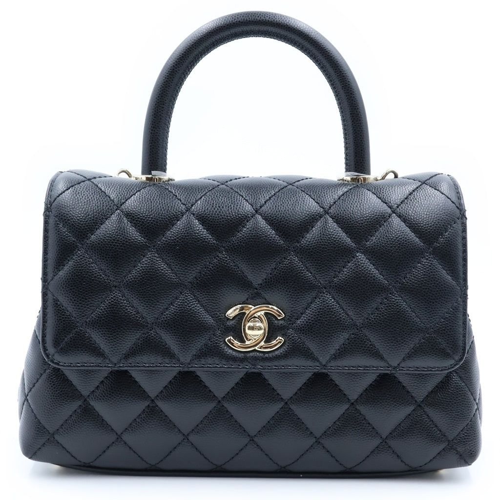 CHANEL(シャネル) トップハンドルXS 2WAYハンドバッグ チェーンショルダーバッグ ブラック キャビアスキン A92990 プレート ゴールド金具 レディース