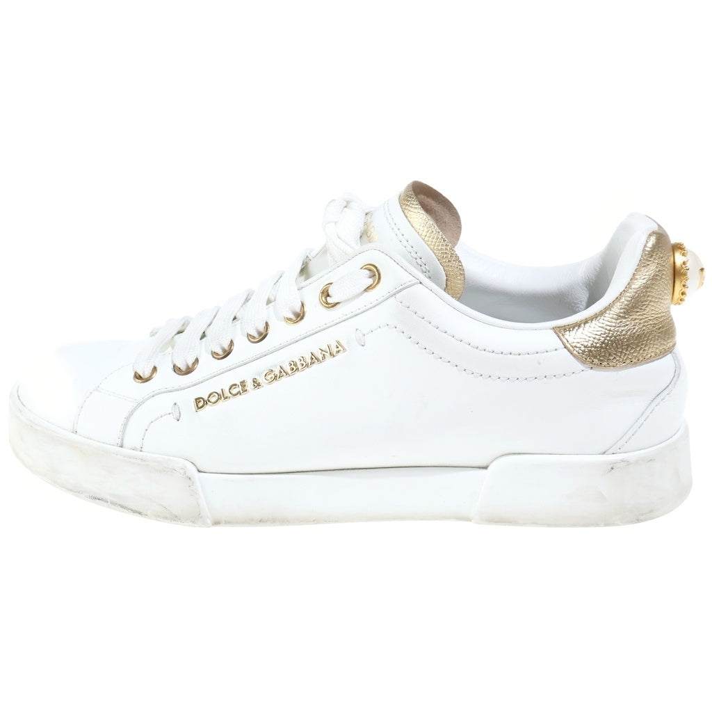 DOLCE & GABBANA(ドルチェアンドガッバーナ) Portofino ポルトフィーノ レザー フェイクパール ロゴ ローカットスニーカー #38 ホワイト/ゴールド