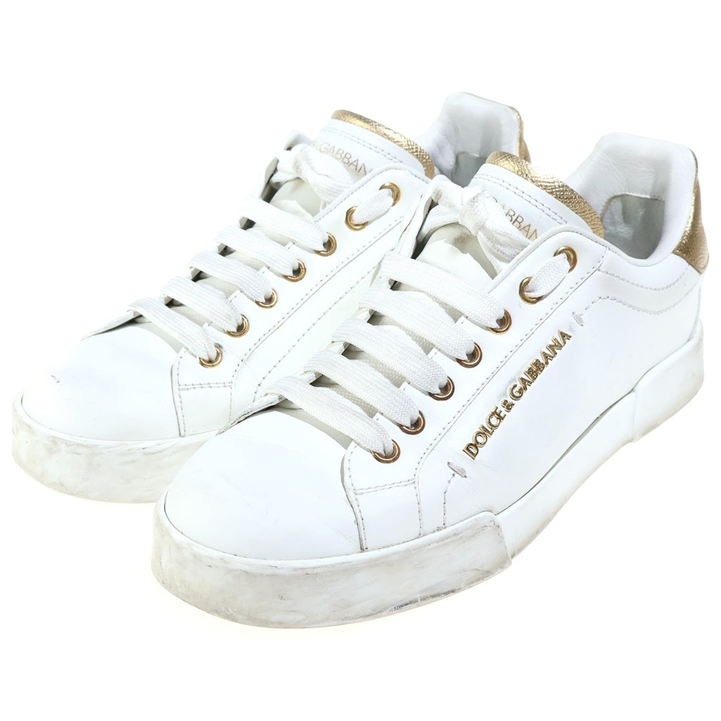 DOLCE & GABBANA(ドルチェアンドガッバーナ) Portofino ポルトフィーノ レザー フェイクパール ロゴ ローカットスニーカー #38 ホワイト/ゴールド