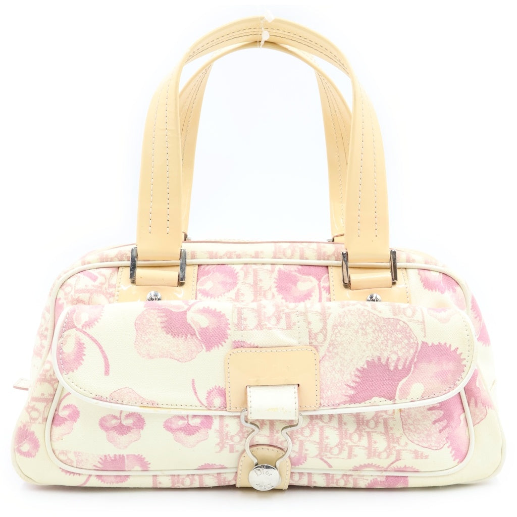 Christian Dior MONSIEUR(クリスチャンディオールムッシュ) トロッター×フラワー ミニボストンバッグ ハンドバッグ ベージュ×ピンク キャンバス×エナメル レディース