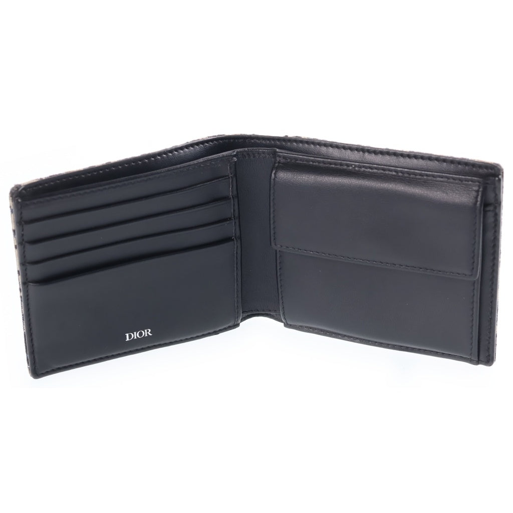 Christian Dior(クリスチャンディオール) オブリーク 二つ折り財布 コンパクトウォレット カードケース ベージュ レザー×キャンバス レディース