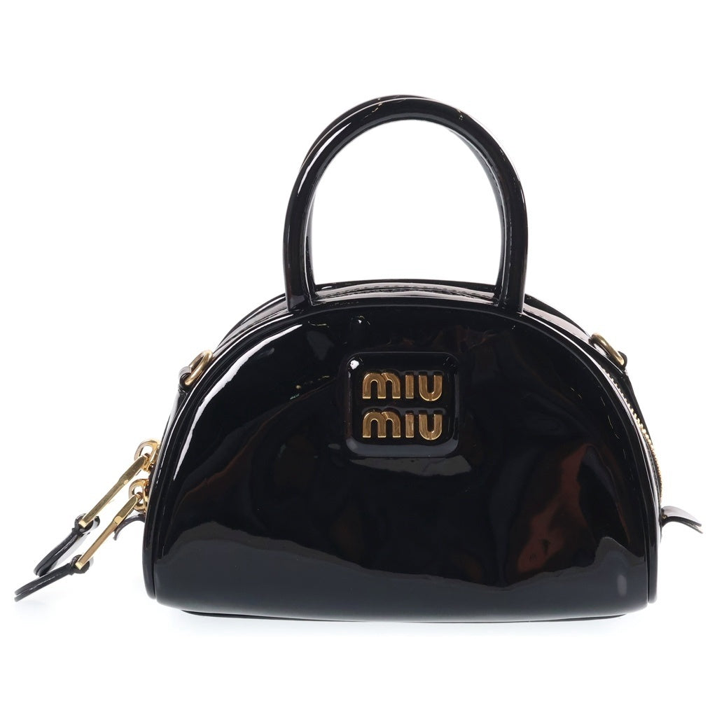 miumiu(ミュウミュウ) パテントレザー ミニ トップハンドル ハンド ショルダーバッグ ゴールド金具 ブラック レディース