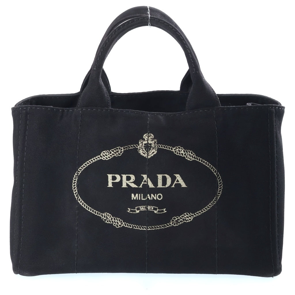 PRADA(プラダ) カナパ トライアングルロゴプレート キャンバス 2WAY ハンド ショルダー トートバッグ ブラック ゴールド金具 1BG642 レディース