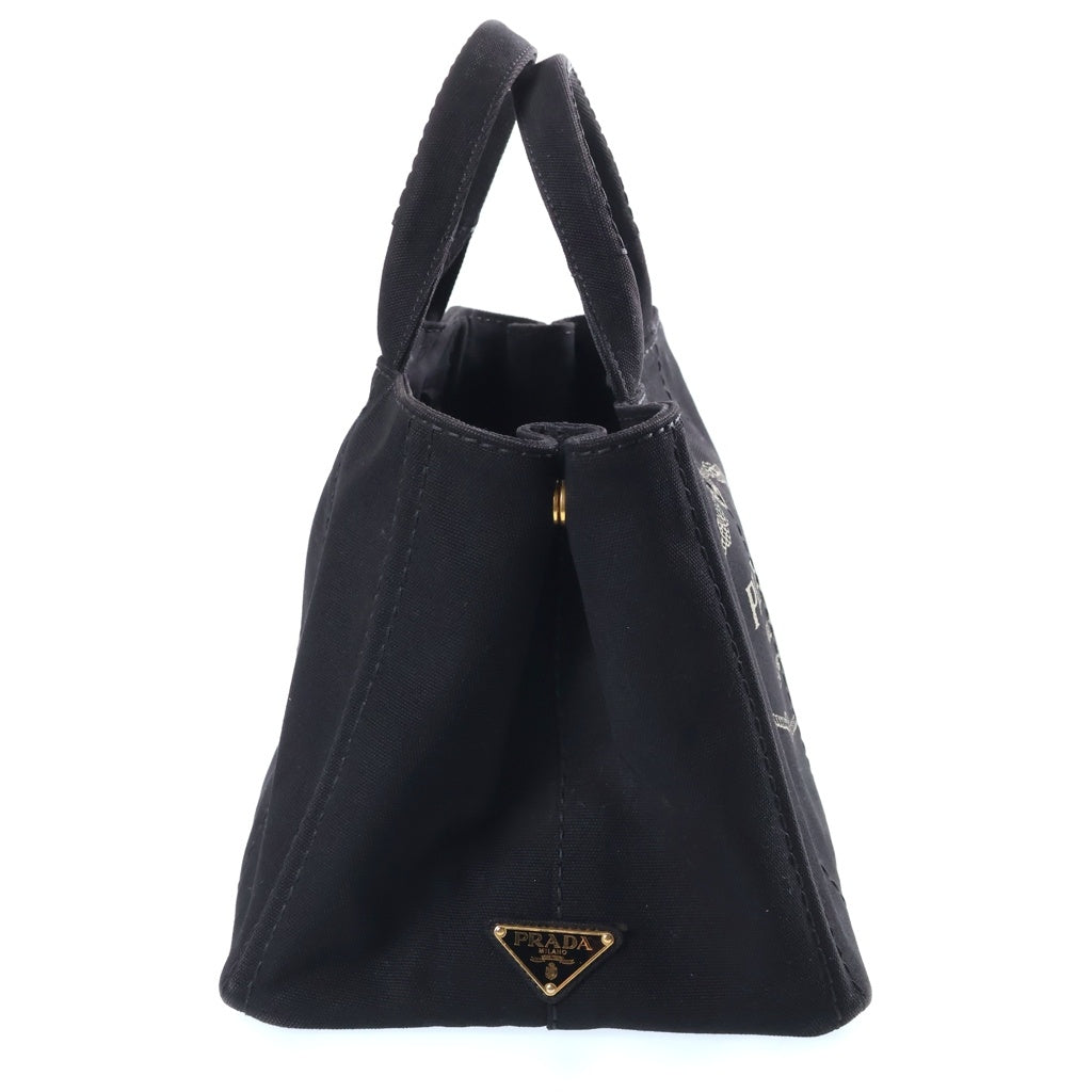 PRADA(プラダ) カナパ トライアングルロゴプレート キャンバス 2WAY ハンド ショルダー トートバッグ ブラック ゴールド金具 1BG642 レディース
