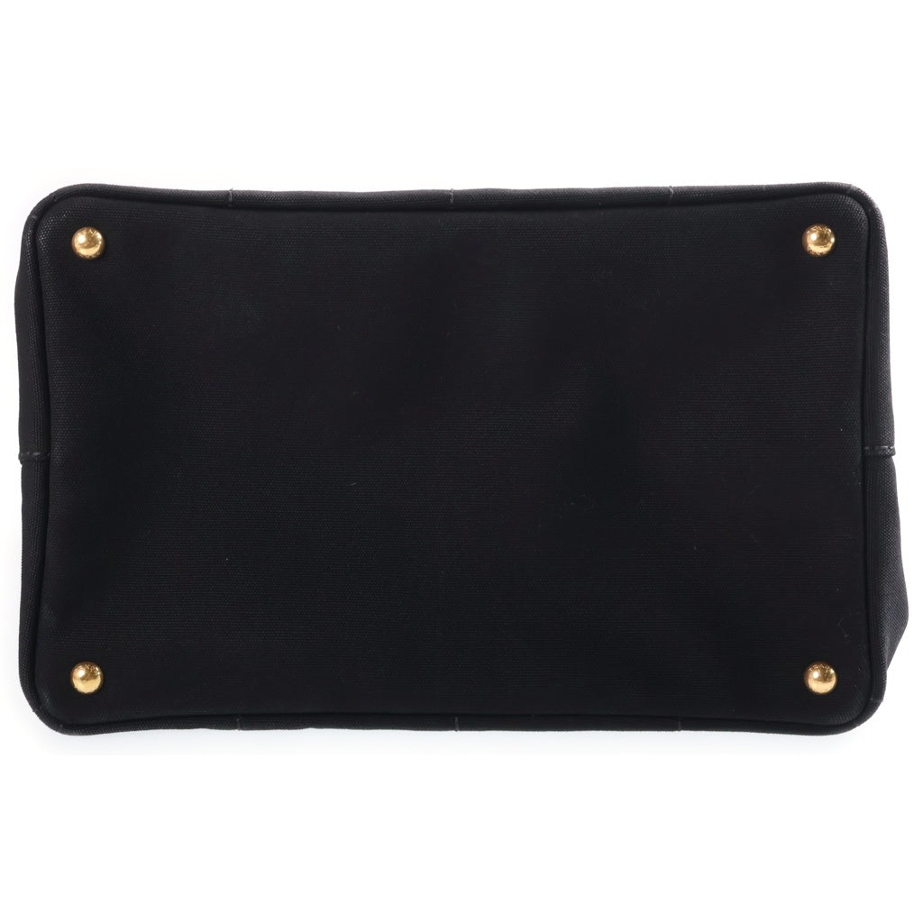 PRADA(プラダ) カナパ トライアングルロゴプレート キャンバス 2WAY ハンド ショルダー トートバッグ ブラック ゴールド金具 1BG642 レディース