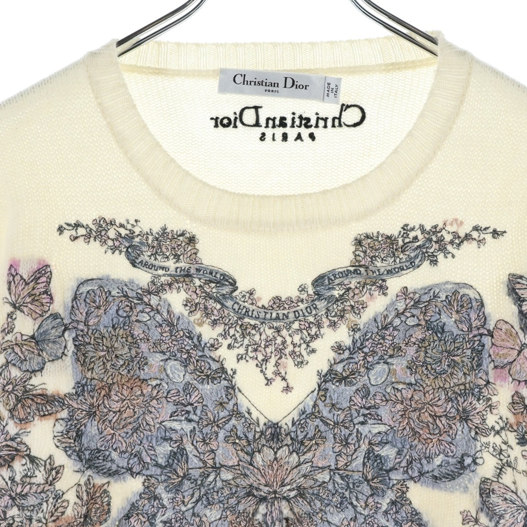 Christian Dior(クリスチャンディオール) 23AW Butterfly Around The World バタフライ刺繍 クルーネックニット セーター レディース ホワイト 414S57AM078