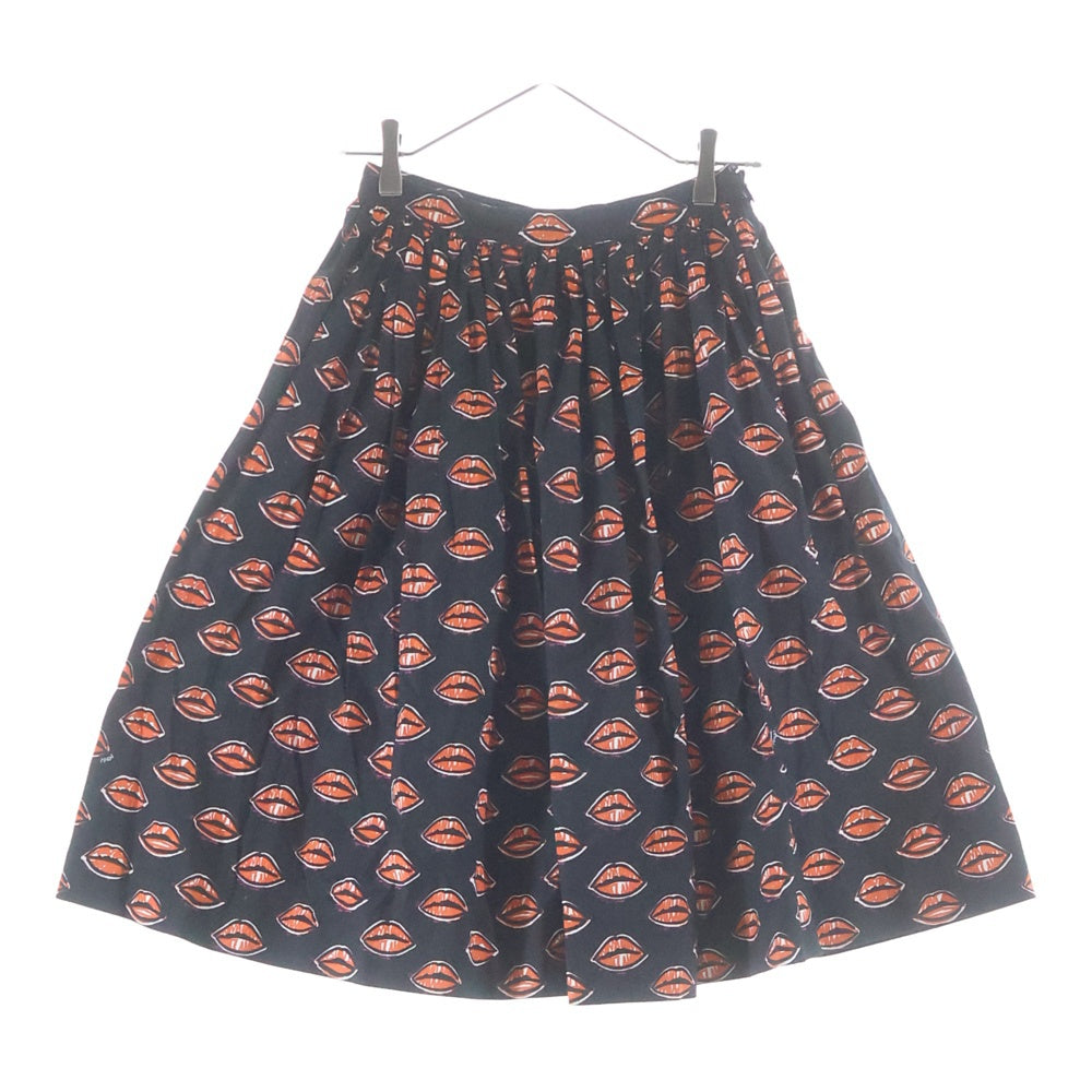 PRADA(プラダ) 総柄 リッププリント ギャザー タイトスカート レディース ブラック/オレンジ