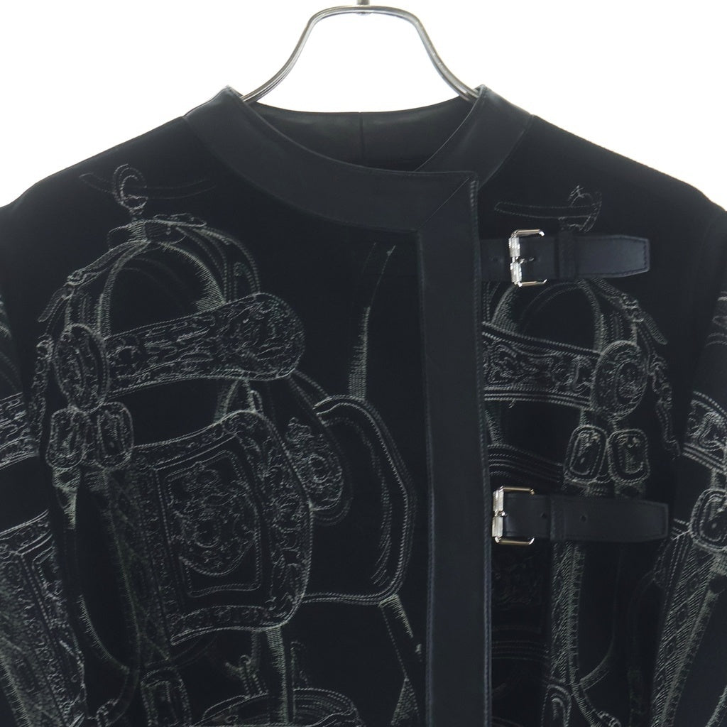 HERMES(エルメス) 総柄デザインカシミアレザー切り替えロングコート レディース ブラック