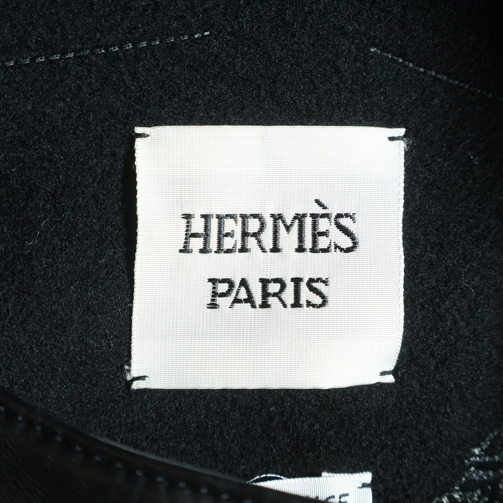HERMES(エルメス) 総柄デザインカシミアレザー切り替えロングコート レディース ブラック