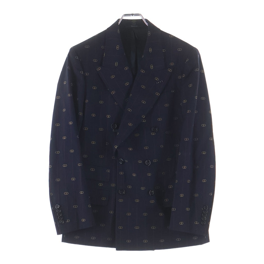 GUCCI(グッチ) インターロッキングG ストライプ ウール ピークドラペルダブルブレストジャケット スリムテーパードスラックス セットアップスーツ 660190 ZAGWR ネイビー