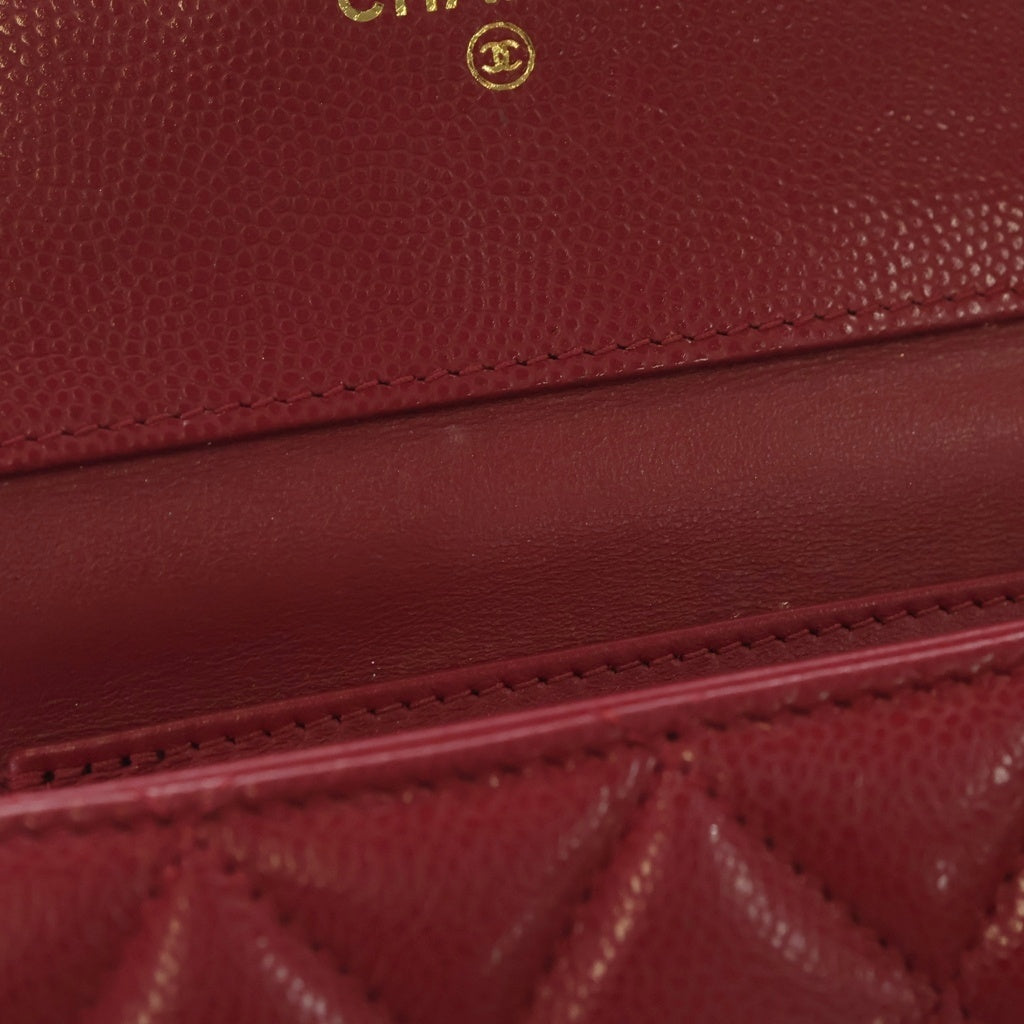 CHANEL(シャネル) マトラッセ 二つ折り財布 コンパクトウォレット コインケース キャビアスキン レッド ゴールド金具 レディース