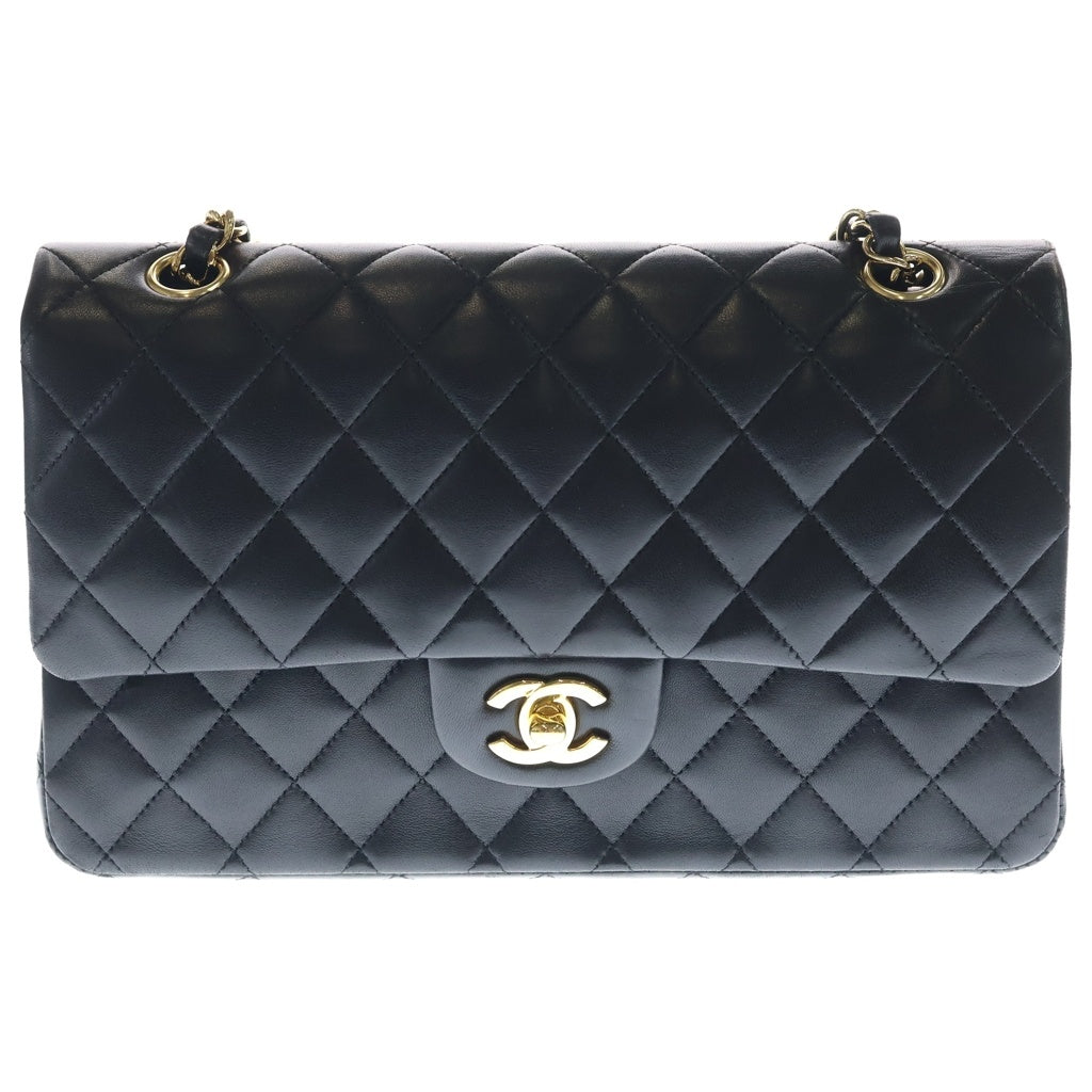 CHANEL(シャネル) 11.12 マトラッセ25 ダブルフラップ ダブルチェーン クラシック ショルダーバック ラムスキン ゴールド金具 12番台 ブラック A01112 レディース