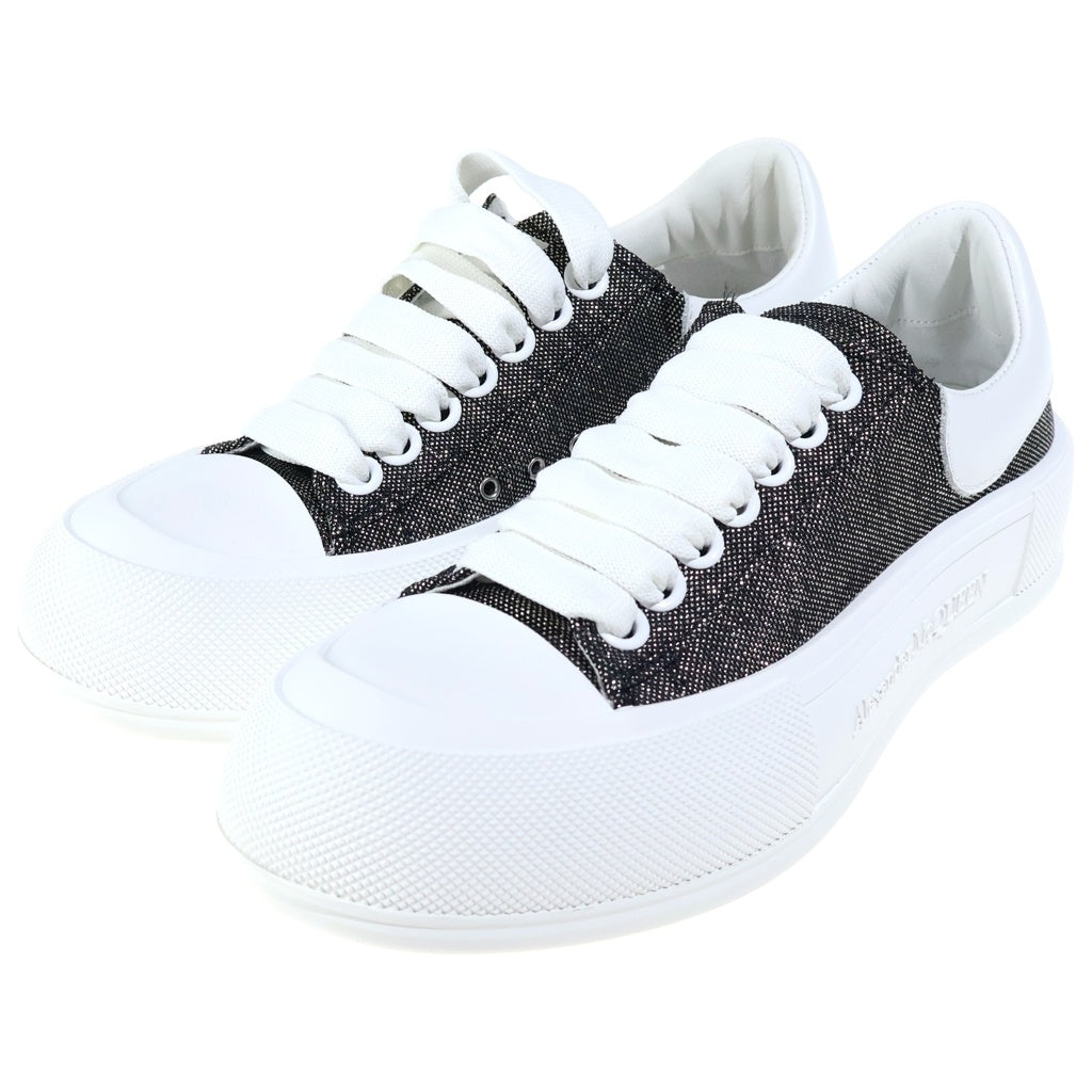 Alexander McQueen(アレキサンダーマックイーン) グリッター キャンバス レースアップ デッキ スケート スニーカー レディース ホワイト/シルバー 697120