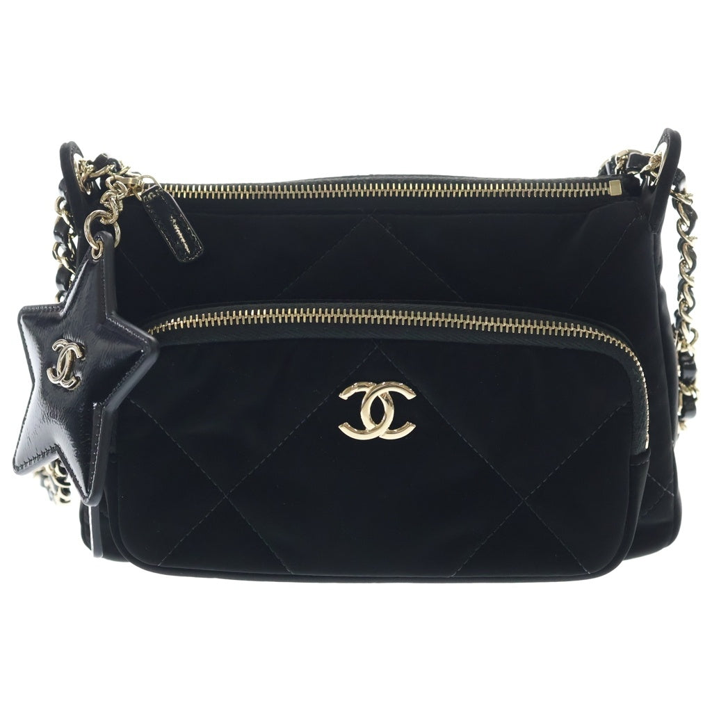 CHANEL(シャネル) マトラッセ チェーンクラッチ チェーンショルダーバッグ ベルベット エフェクトナイロン レザー ゴールド金具 ブラック レディース