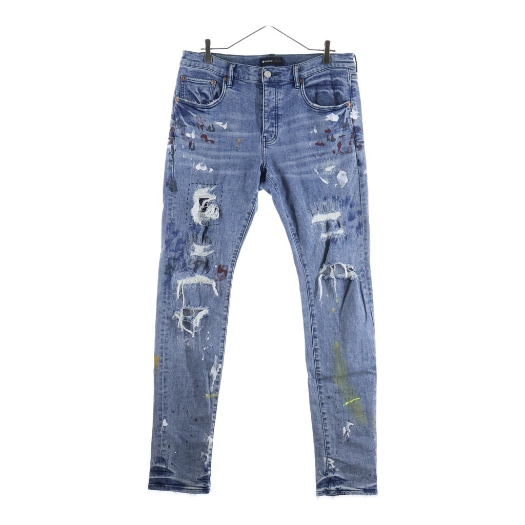 PURPLE BRAND(パープルブランド) ダメージ ペイント加工 ボタンフライ デニムパンツ インディゴ SS2201JNS