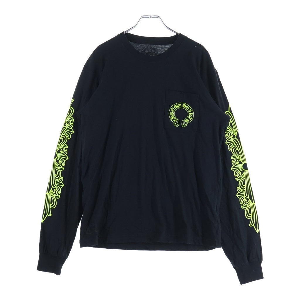 CHROME HEARTS(クロムハーツ) FLRL CRS HORSESHOE L/S 袖フローラルプリント クルーネック長袖Tシャツカットソー ブラック /イエロー