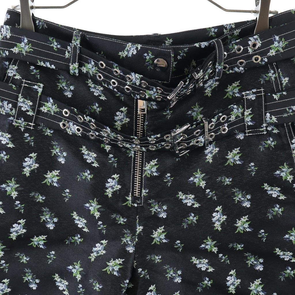 GANNI(ガニー) FLORAL JACQUARD SHORTS フローラル ジャガード レディース ショーツ 花柄 ダブルアイレットベルト ブラック