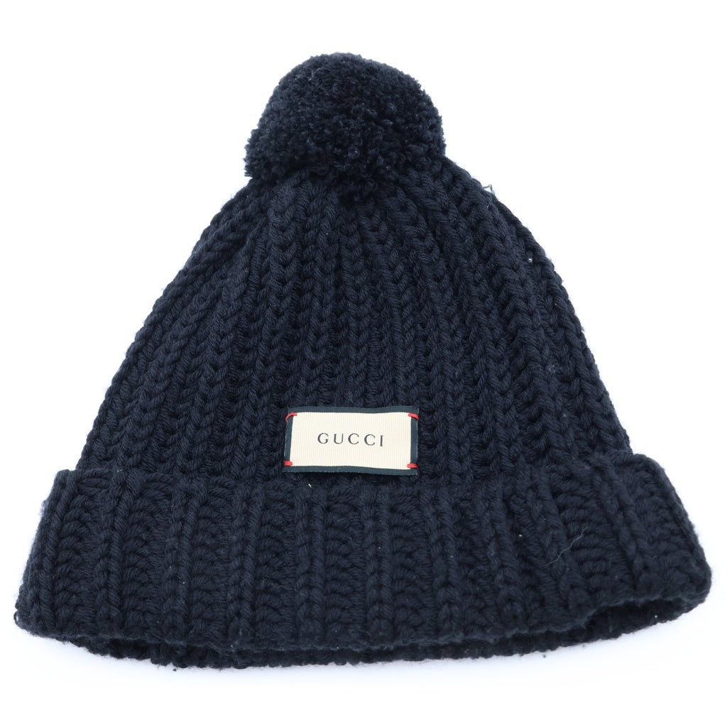 GUCCI(グッチ) フロント ロゴパッチ ウール ニット帽 ビーニー ブラック 652656 3G206