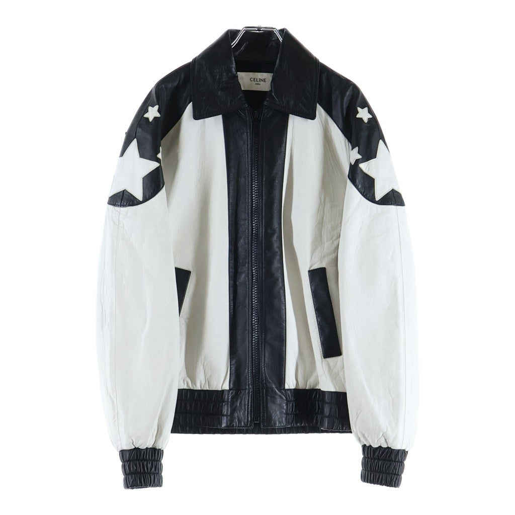 CELINE(セリーヌ) 22AW by Hedi Slimane SOFT LAMBSKIN FLAG TEDDY JACKET エディ期 バイカラー ソフトラムスキン テディジャケット ブラック/ホワイト 2ED47577H