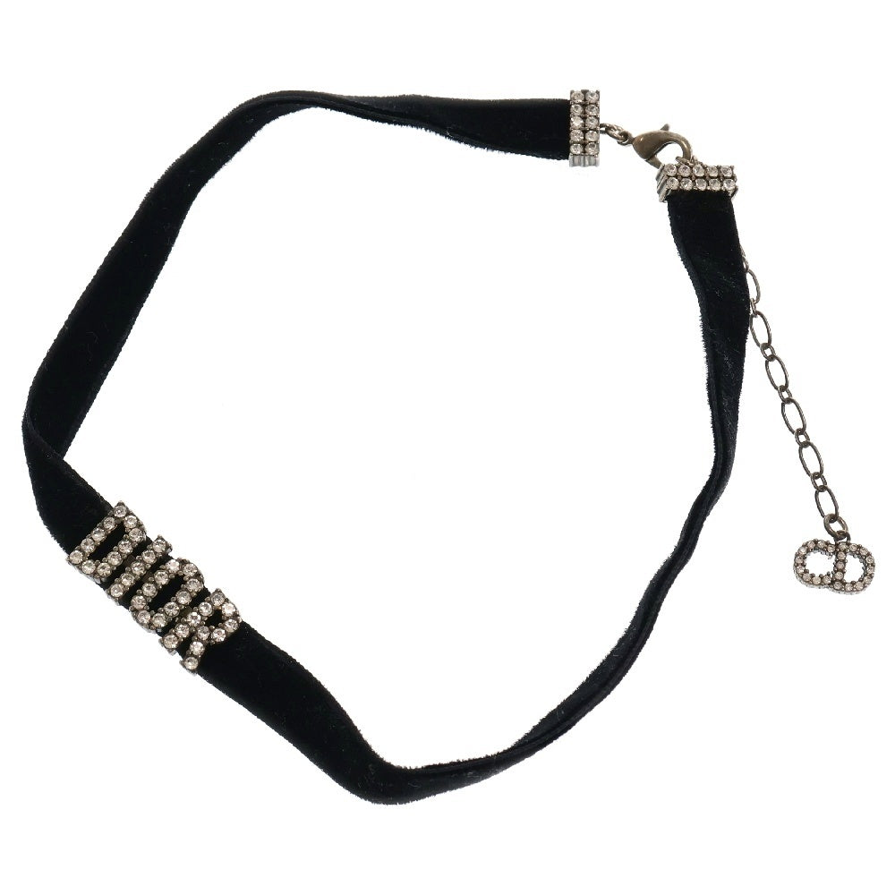 Christian Dior(クリスチャンディオール) ロゴ ラインストーン チョーカー ブラック×シルバー メタル ベロア アクセサリー