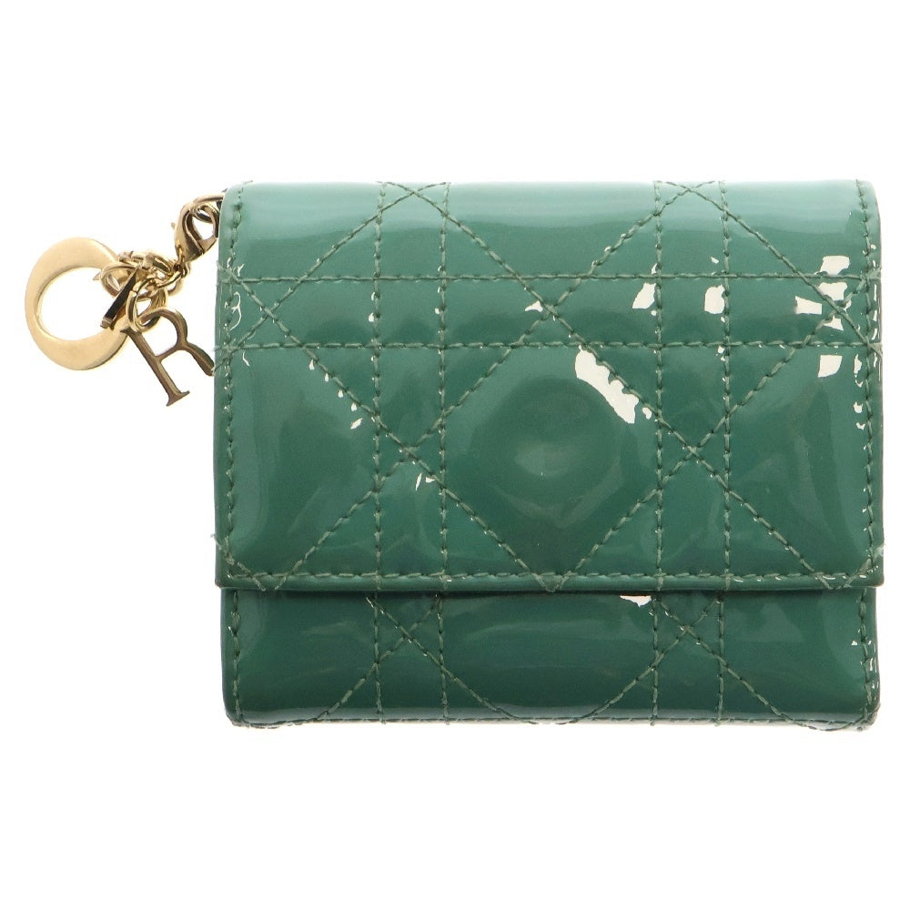 Christian Dior(クリスチャンディオール) ロータス 三つ折り財布 グリーン パテント コンパクトウォレット