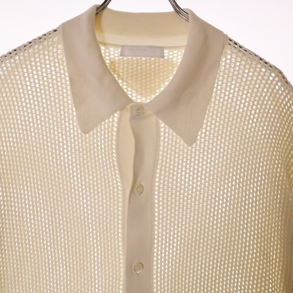 PRADA(プラダ) Open Weaved Polo Shirt トライアングル オープン ウェーブ メッシュニット半袖ポロシャツ ホワイト UMG321