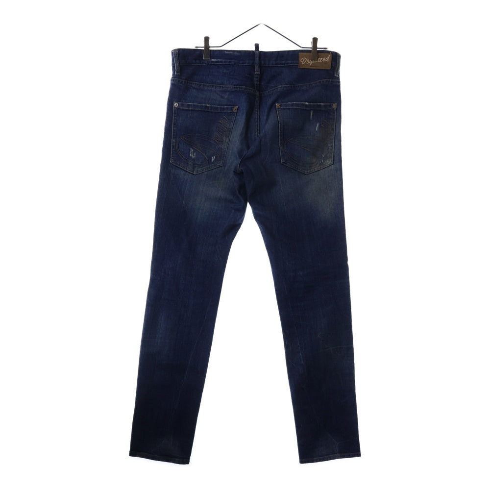 DSQUARED2(ディースクエアード) ダメージ加工 レザーパッチ ボタンフライ スリムスキニー デニムパンツ ジーンズ インディゴ
