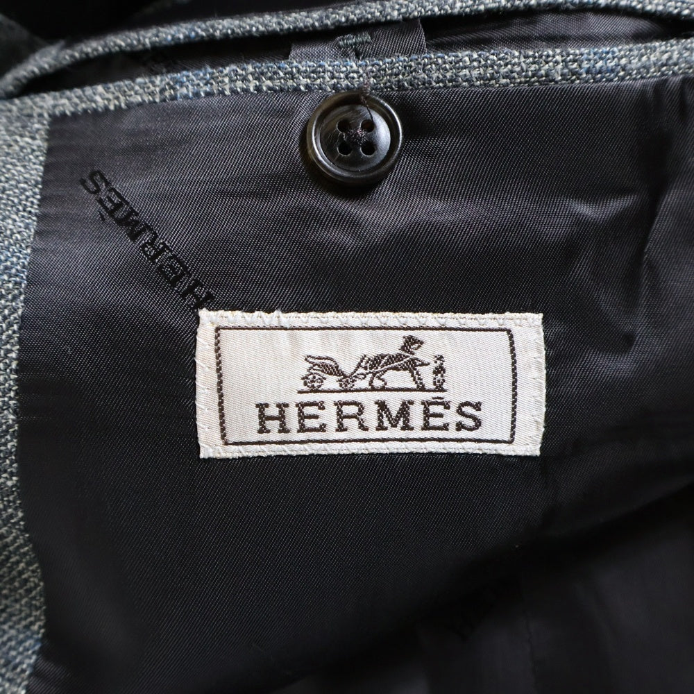 HERMES(エルメス) エクスリブリスボタン チェック総柄 2B シルク リネン混 ウール テーラード ジャケット スーツ グレー G9302