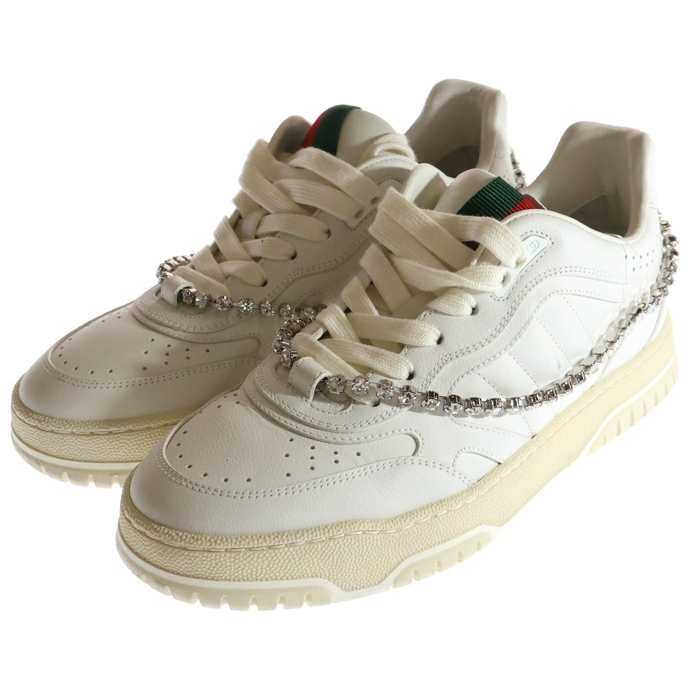GUCCI(グッチ) リウェブ シェリーライン クリスタル ビジューチェーン ロゴプレート レースアップ レザー ローカットシューズ スニーカー ホワイト レディース 795453