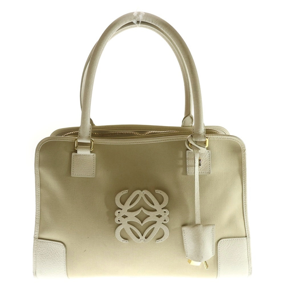 LOEWE(ロエベ) アマソナ アナグラム レザーロゴパッチ キャンバス ハンド ショルダー トートバッグ ベージュ/ホワイト