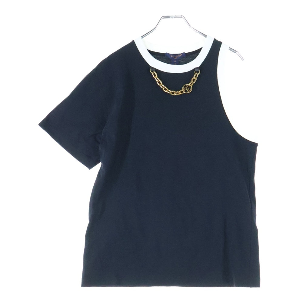 LOUIS VUITTON(ルイヴィトン) 23AW コントラスト トリム LVチェーン装飾 クルーネック 半袖 ノースリーブ Tシャツ カットソー ゴールド金具 ブラック/ホワイト RW232W OB0 FPJT08