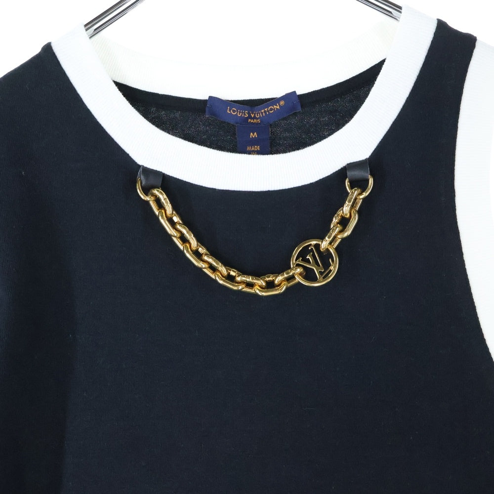 LOUIS VUITTON(ルイヴィトン) 23AW コントラスト トリム LVチェーン装飾 クルーネック 半袖 ノースリーブ Tシャツ カットソー ゴールド金具 ブラック/ホワイト RW232W OB0 FPJT08
