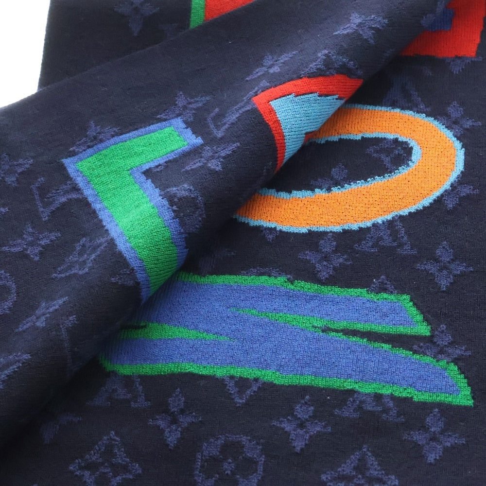 LOUIS VUITTON(ルイヴィトン) 21AW ×NBA エシャルプ モノグラム ロゴ レザーパッチ ウール フリンジマフラー ネイビー MP3033