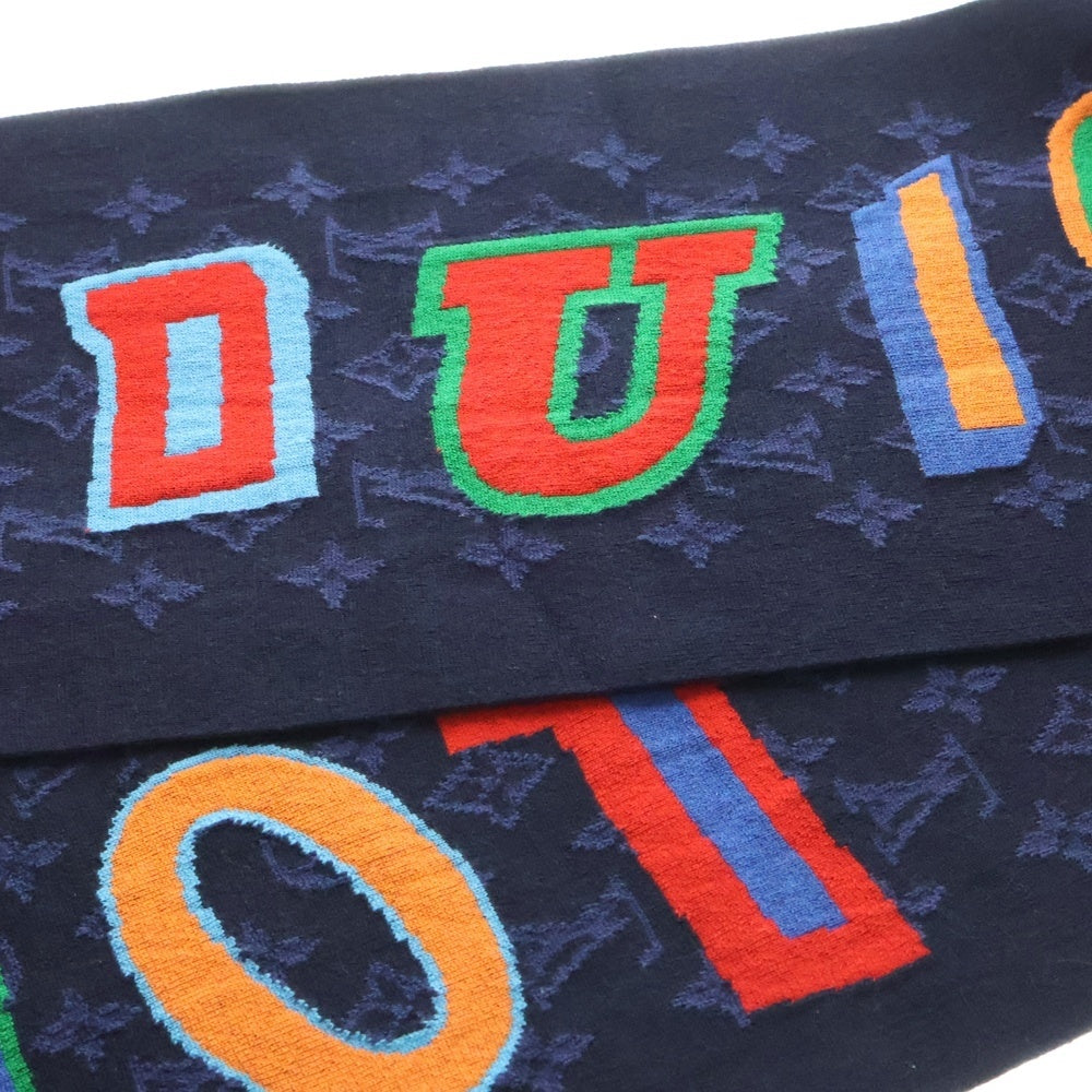 LOUIS VUITTON(ルイヴィトン) 21AW ×NBA エシャルプ モノグラム ロゴ レザーパッチ ウール フリンジマフラー ネイビー MP3033