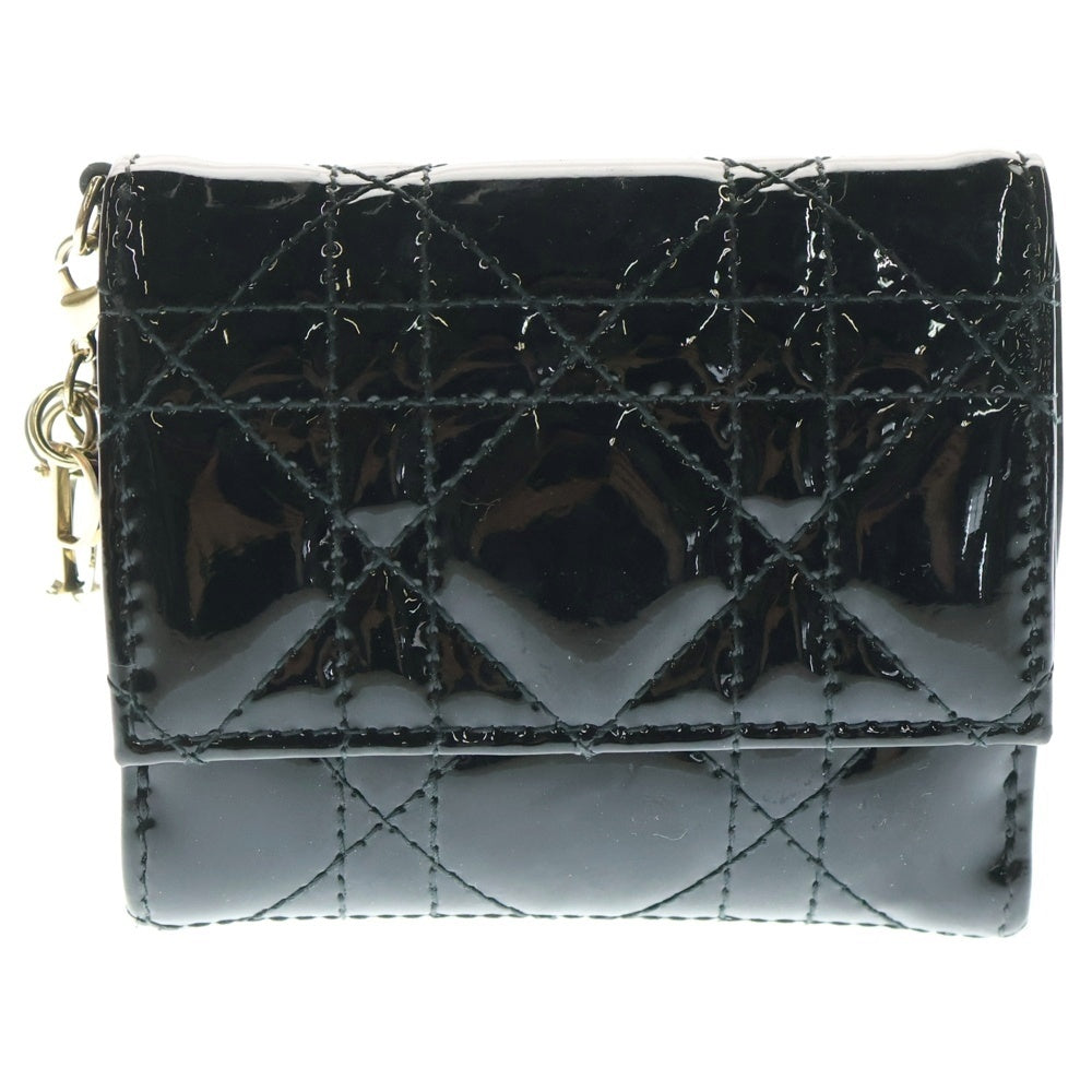 Christian Dior(クリスチャンディオール) ロータスウォレット コンパクトウォレット 三つ折り財布 コインケース ブラック ゴールド金具 カナージュ パテント