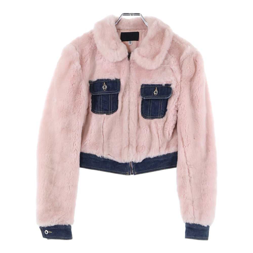 DOLCE & GABBANA(ドルチェアンドガッバーナ) フェイクファー デニム 切り替え クロップド ショート丈 ジップアップ トラッカージャケット ピンク/インディゴ レディース