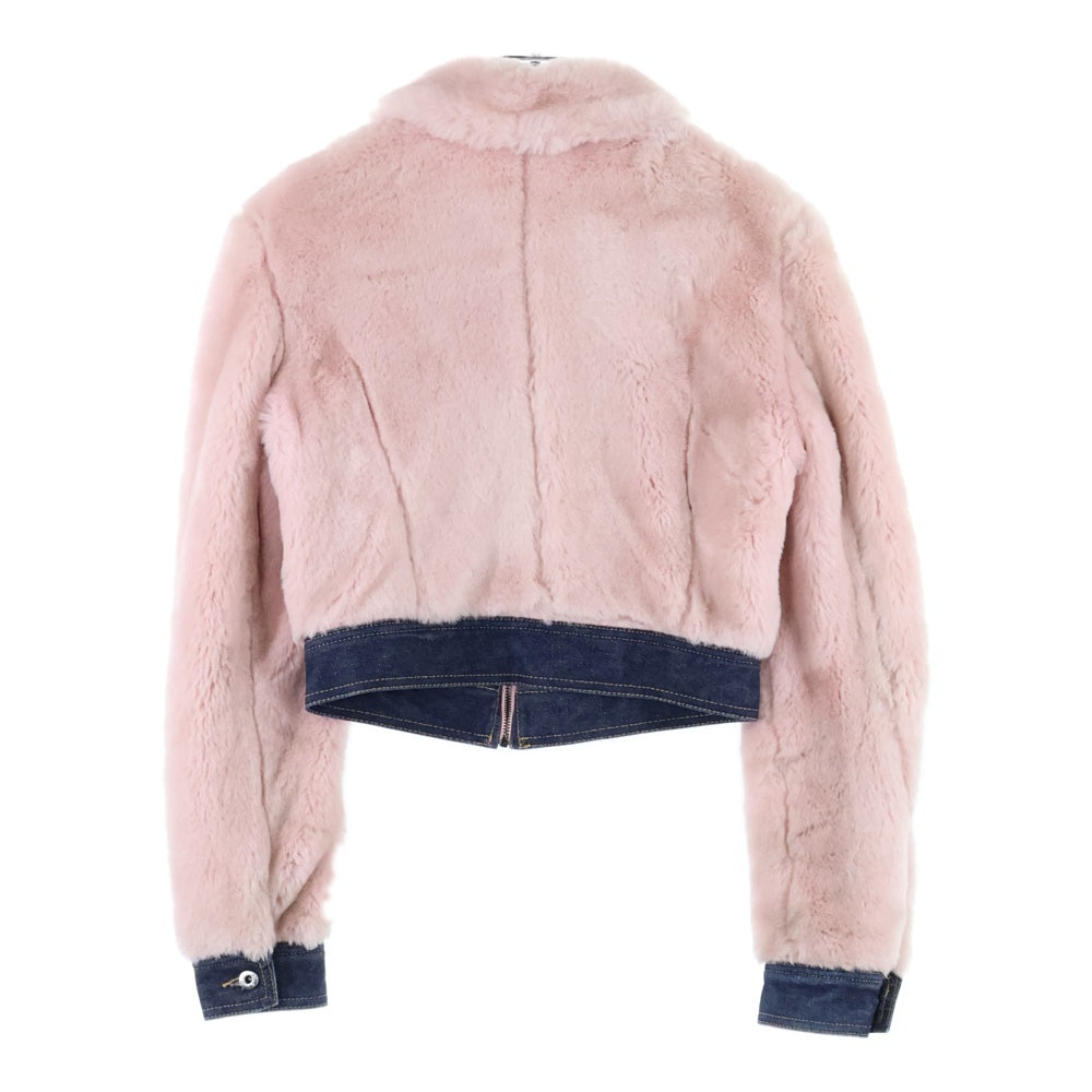 DOLCE & GABBANA(ドルチェアンドガッバーナ) フェイクファー デニム 切り替え クロップド ショート丈 ジップアップ トラッカージャケット ピンク/インディゴ レディース