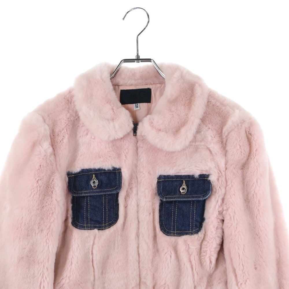 DOLCE & GABBANA(ドルチェアンドガッバーナ) フェイクファー デニム 切り替え クロップド ショート丈 ジップアップ トラッカージャケット ピンク/インディゴ レディース