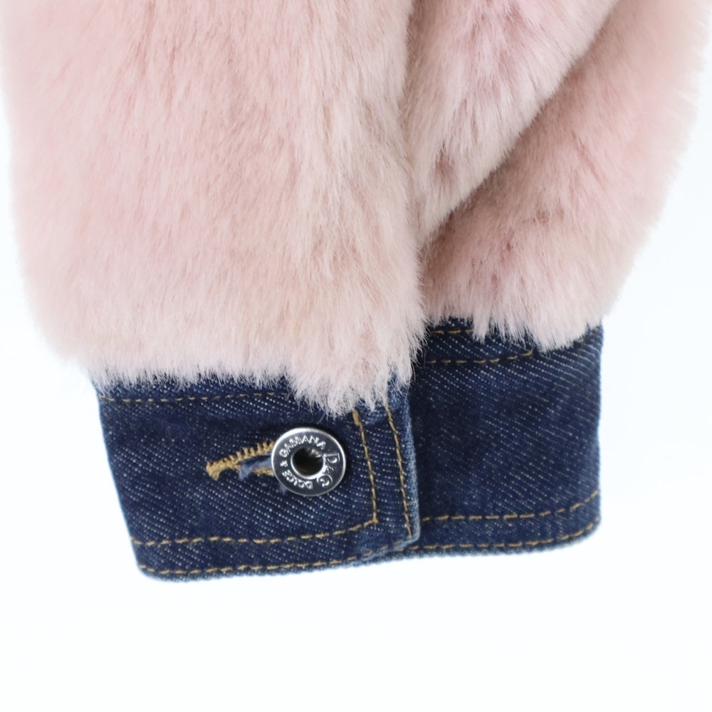 DOLCE & GABBANA(ドルチェアンドガッバーナ) フェイクファー デニム 切り替え クロップド ショート丈 ジップアップ トラッカージャケット ピンク/インディゴ レディース