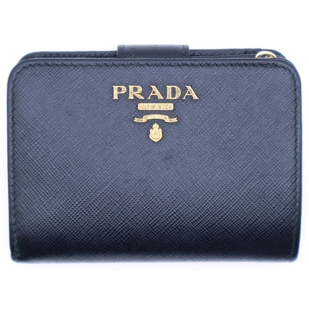 PRADA(プラダ) サフィアーノ ロゴ レザーコンパクトウォレット 二つ折り財布 ブラック/ゴールド GD金具 1ML018