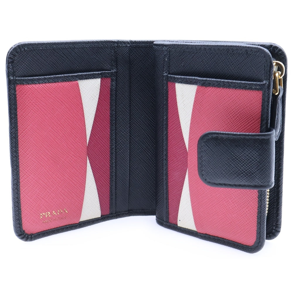 PRADA(プラダ) サフィアーノ ロゴ レザーコンパクトウォレット 二つ折り財布 ブラック/ゴールド GD金具 1ML018