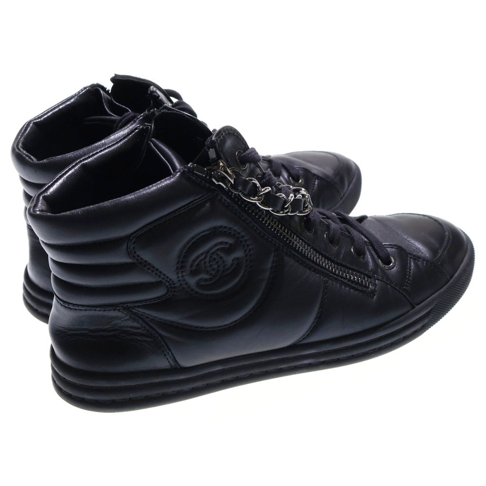 CHANEL(シャネル) ココマーク レザー チェーン ジップデザイン レースアップ ハイカット シューズ スニーカー シルバー金具 ブラック