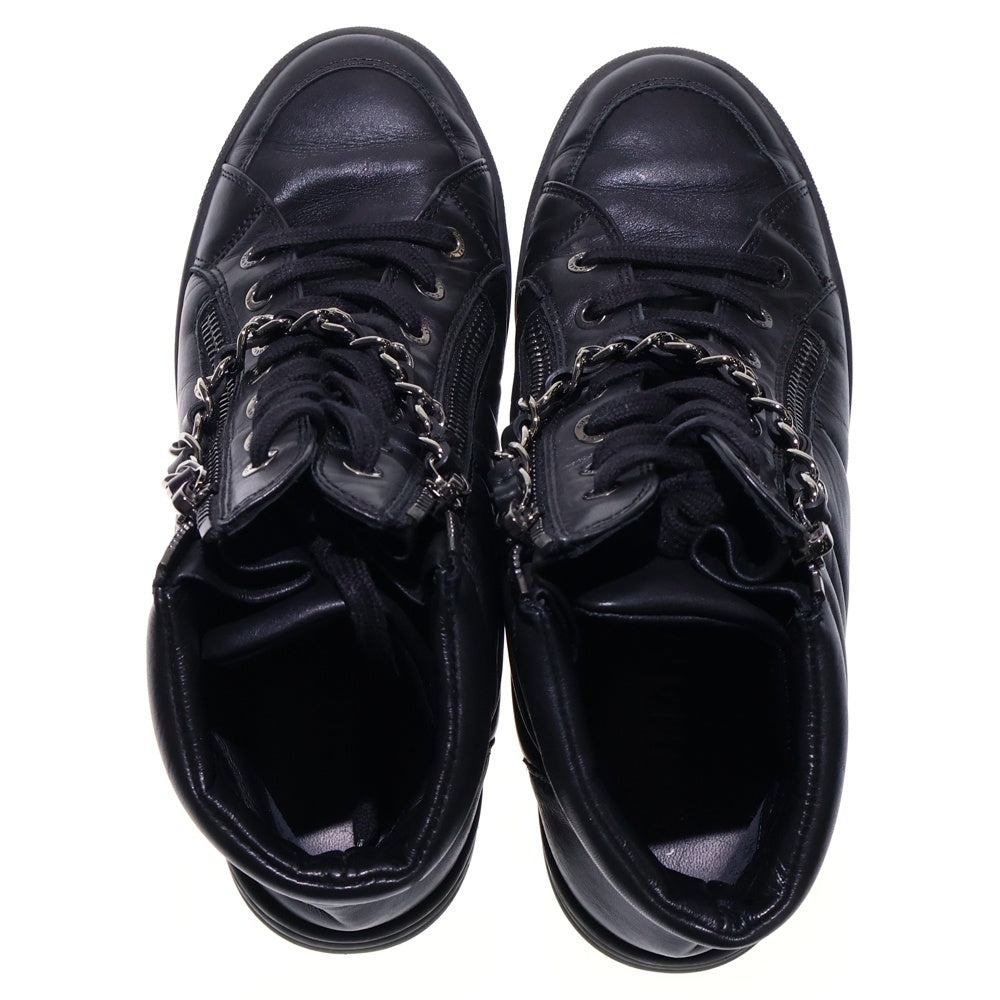 CHANEL(シャネル) ココマーク レザー チェーン ジップデザイン レースアップ ハイカット シューズ スニーカー シルバー金具 ブラック