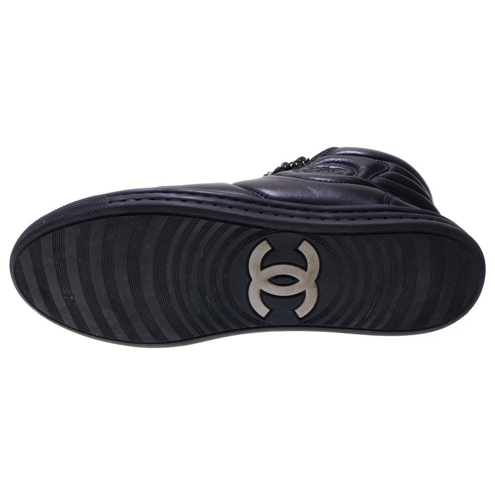 CHANEL(シャネル) ココマーク レザー チェーン ジップデザイン レースアップ ハイカット シューズ スニーカー シルバー金具 ブラック