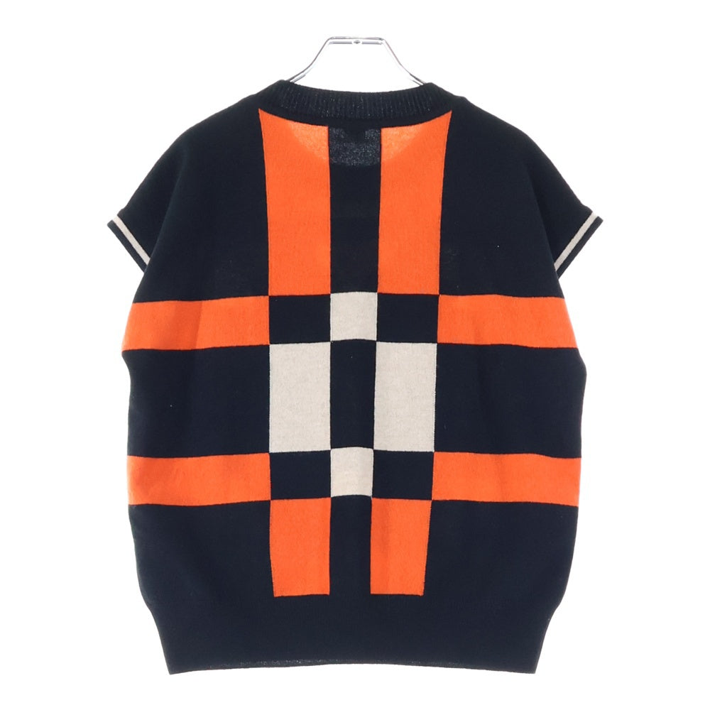 HERMES(エルメス) 23AW BRIDES de GARA ブリッド ドゥ ガラ 総柄ジャガード クルーネック ノースリーブ プルオーバー ニット セーター ブラック/オレンジ レディース 3H2608DD