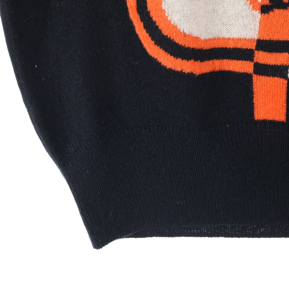 HERMES(エルメス) 23AW BRIDES de GARA ブリッド ドゥ ガラ 総柄ジャガード クルーネック ノースリーブ プルオーバー ニット セーター ブラック/オレンジ レディース 3H2608DD