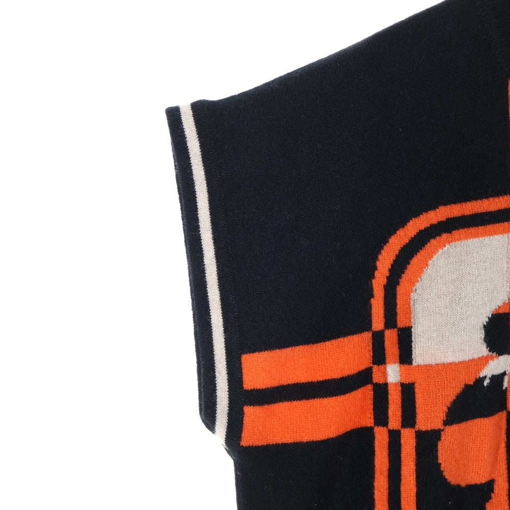 HERMES(エルメス) 23AW BRIDES de GARA ブリッド ドゥ ガラ 総柄ジャガード クルーネック ノースリーブ プルオーバー ニット セーター ブラック/オレンジ レディース 3H2608DD