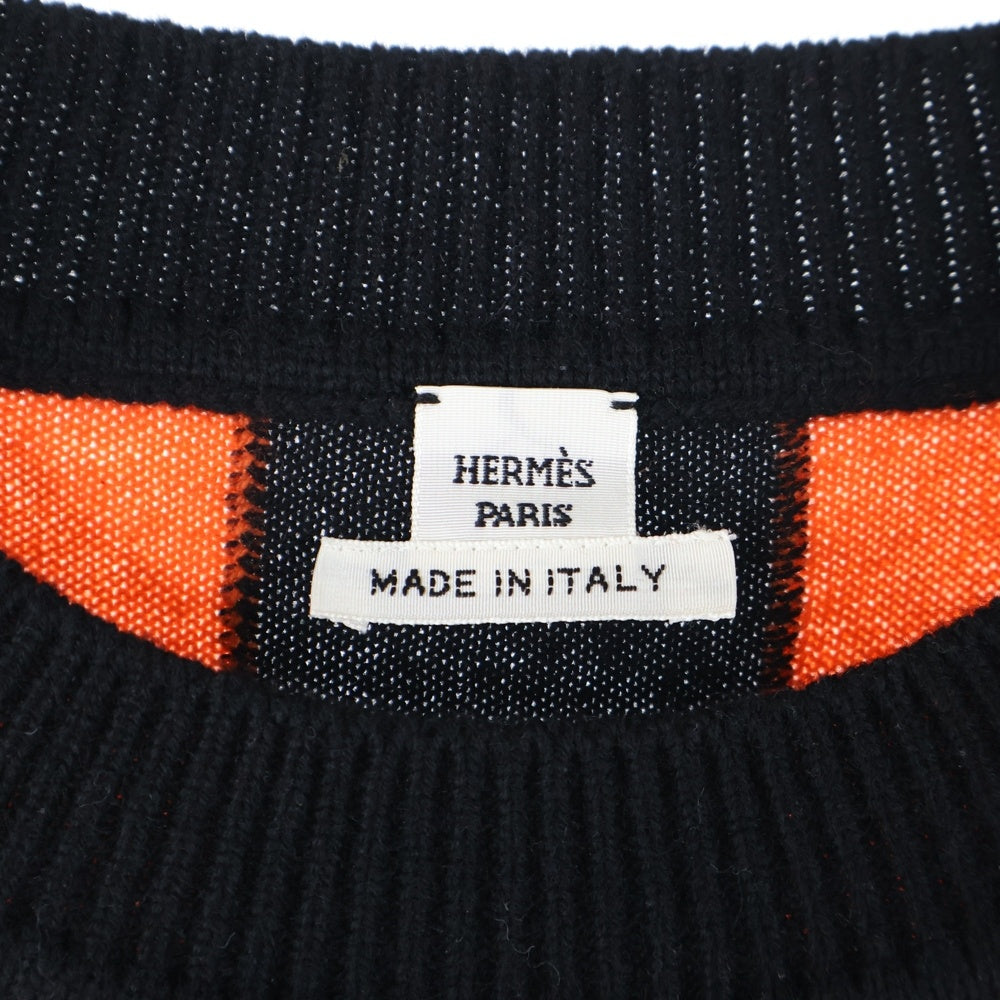 HERMES(エルメス) 23AW BRIDES de GARA ブリッド ドゥ ガラ 総柄ジャガード クルーネック ノースリーブ プルオーバー ニット セーター ブラック/オレンジ レディース 3H2608DD