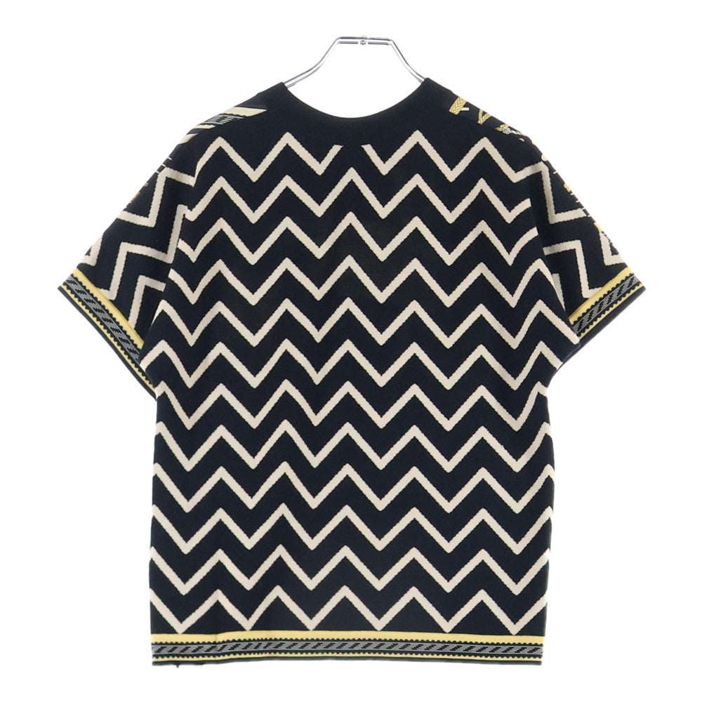 HERMES(エルメス) 23AW 総柄プリント シルク スカーフ切り替え クルーネック 半袖ニット セーター ブラック レディース 3H2830D9